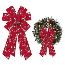 ALIBBON Large Merry Christmas Bows for Wreaths, Christmas Wreath Bows, Gold Reindeer Bows, Red Velvet Bows for Front Door, Christmas Decor, Holiday Craft Bows for Indoor Outdoor Wall Window Decor