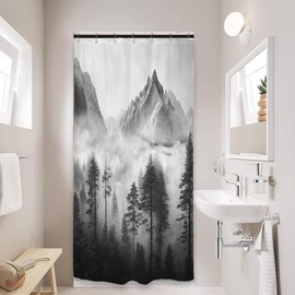 Riyidecor Small Stall Rv Shower Curtain 36Wx72H Inch Half Narrow Foggy Misty Mountain Scenery Smokey Woodland Tree Landscape Black Men Bathroom Decor Fabric Polyester Waterproof 7 Pack Hooks