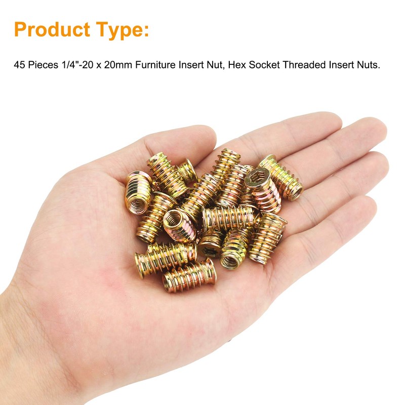 Powlankou 45 Pieces 1/4"-20 x 20mm Furniture Insert Nut, Hex