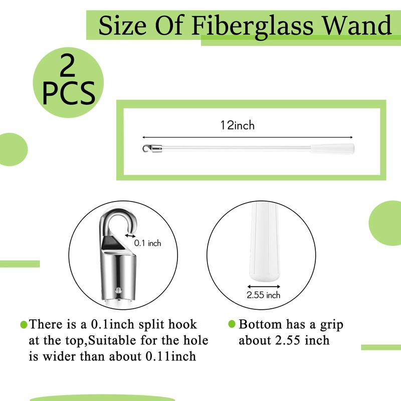 2PCS 12 Inch White Fiberglass Vertical Blind Wand with Hook