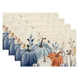 Fall Pumpkin Placemats Set of 6, 12x18 Inch Watercolor White Orange Blue Table Mats Autumn Outdoor Thanksgiving Holiday Decorative Table Placemats for Party Home Kitchen Dining Table Decoration