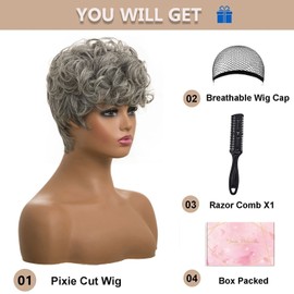 MOONSHOW Short Curly Wigs for Blcak Women Black Mixed Silver Pixie Cut Wig for Black Women Cute Blonde Wig with Bangs Short Layered Pixie Wig Synthetic Natural Wavy Synthetic Hair Wigs for Women