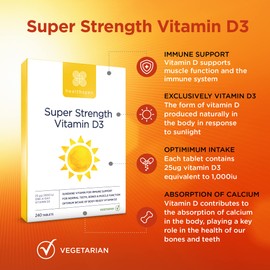 Healthspan Super Strength Vitamin D3 (240 Tablets) | Immune Health | Bone, Teeth & Muscle Health | Contains 1,000iu of Natural Source Vitamin D3 in Each Tablet | Vegetarian
