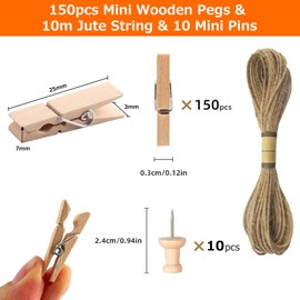 Jogoico Mini Wooden Pegs 150PCS Small Photo Pegs 2.5cm Mini Pegs Card Pegs Picture Pegs Tiny Wooden Pegs with 10M Jute String & 10 Pins, Small Wooden Pegs for Photo Wall Display Craft Weddings Party