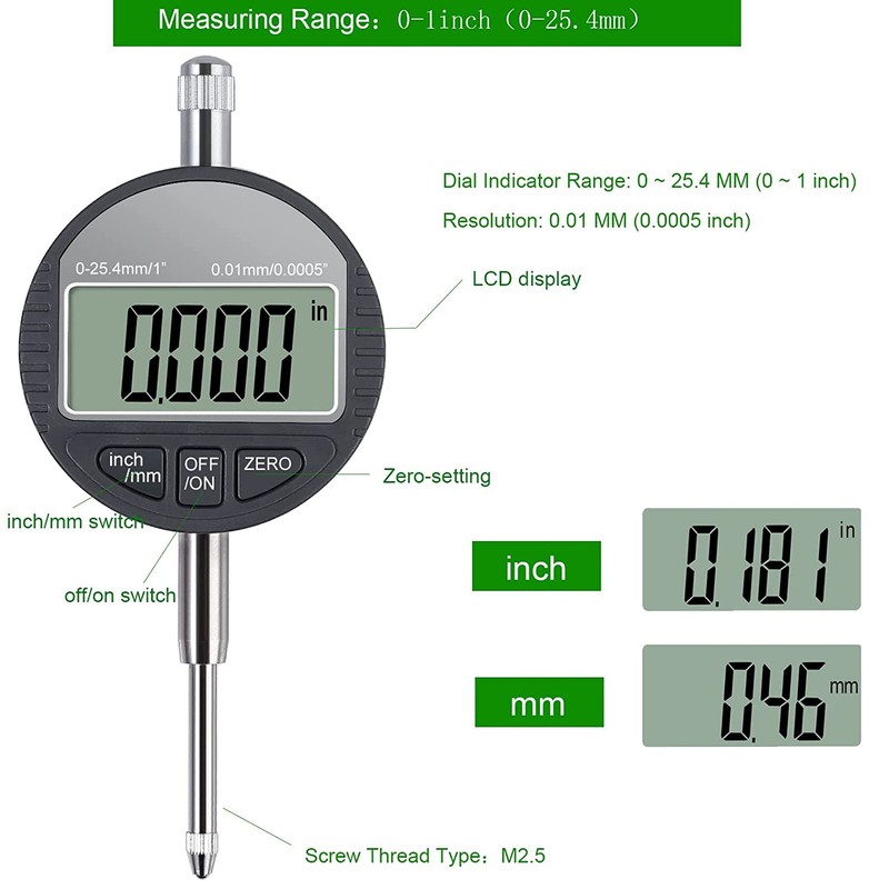 HDLNKAK Electronic Digital Dial Indicator Gauge and Magnetic Base, 0-1