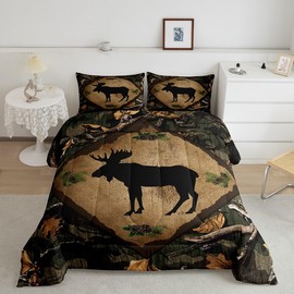 Jungle Moose Silhouette Comforter Set Green Camo Botanical Leaves Bedding Comforter for Kids Teens Adults Wild Animal Pine Cones Rustic Style Bedroom Quilt Set with 2 Pillowcases Queen Size 3 Pcs