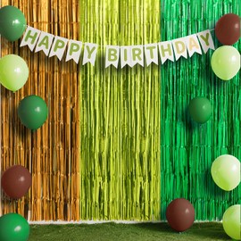 Hahafelt 3 Pcs 6.4x8 Feet Green Brown Foil Fringe Curtain Streamers Decoration Cute Ogre Jungle Safari Themed Birthday Decorations Lime Sage Green Backdrop for Birthday Baby Shower Bridal Shower Party