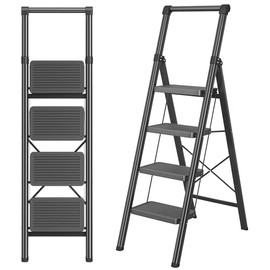 4 Step Ladder, DIAMONDFORGE Folding Step Stool with Wide Anti-Slip Pedal, Anti-Slip Feet and Handgrip, Sturdiest Steel Construction, 600lbs Capacity Steel Ladder for Home, Black