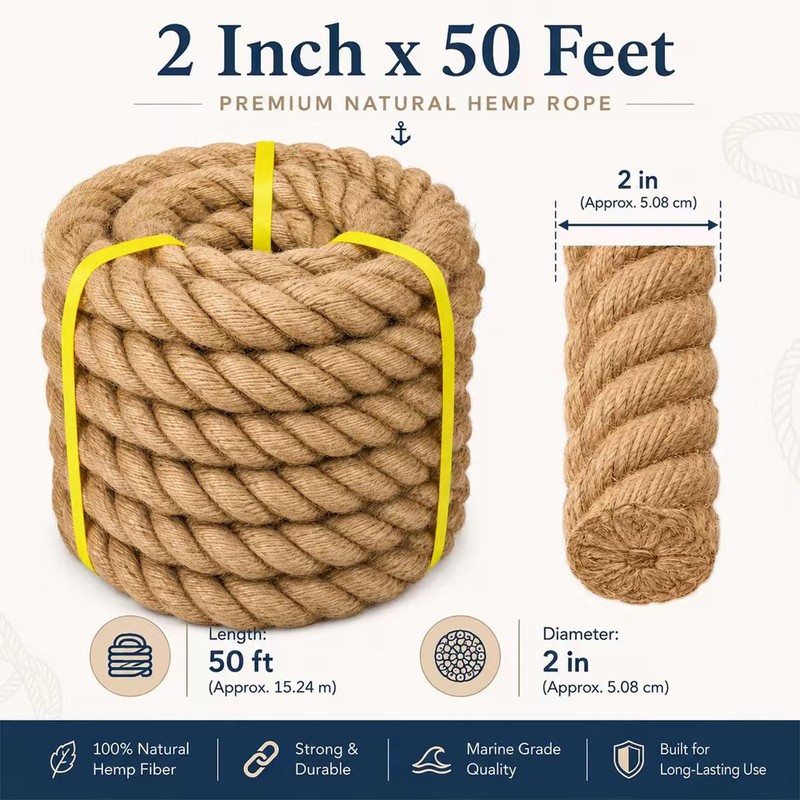Natural Hemp Rope - 2 Inch x 50 Feet -