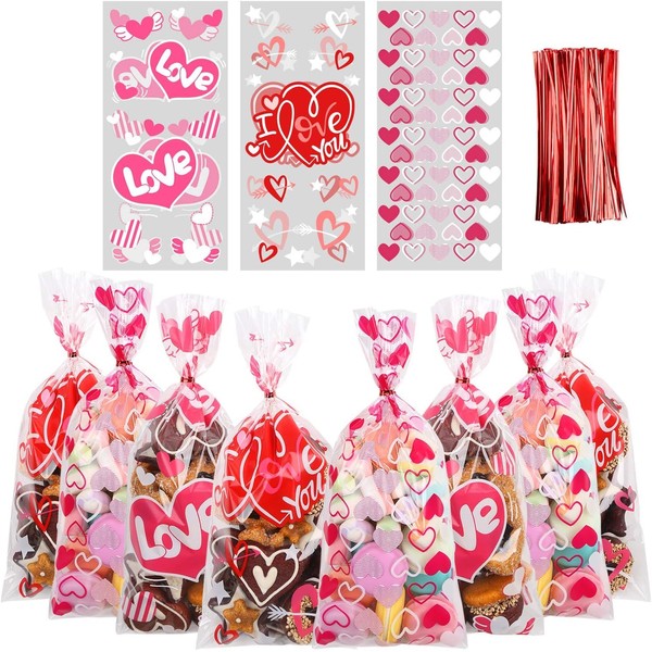 CCINEE Valentine's Day Cellophane Candy Bags,120pcs Heart Cello Treat Goodie Bags with Twisted Ties for Valentine's Day Gift Exchange Party Favor Supply