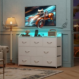 WLIVE Led Dresser for Bedroom, White Dresser TV Stand for Bedroom with LED Lights and Power Outlet, Wide Chest of Drawers for Hallway, 8 Fabric Drawers for Living Room and Entryway, Easy to Assemble