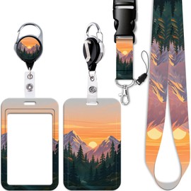 Mountain ID Badge Holder Lanyard with Retractable Heavy Duty Badge Reel Clip Cool Detachable Keychain Lanyard for Women Men Teachers Staff for ID Badge Keys Cruise Ship School ID Holder(Sunset & Tree)