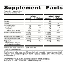 Bariatric Advantage Calcium Citrate Chewable 500mg with Vitamin D3 for Bariatric Surgery Patients Including Gastric Bypass and Sleeve Gastrectomy, Low Sugar - Wild Cherry Flavor, 270 Count