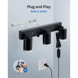 Vtuik Plug in Track Lighting with 14.3ft Power Cord, Ceiling Spotlight Dimmable for Kitchen, Black Matt 3 LED Light Fixture, Wall Outlet Plug for Living Room Basement, GU10 Socket No Bulb