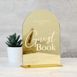 Letrero acrílico de boda con soporte, 5 x 7 pulgadas, espejo dorado arqueado para libro de invitados y base, 1/8 pulgadas de grosor, Letras blancas modernas de caligrafía, arco dorado, acrílico para