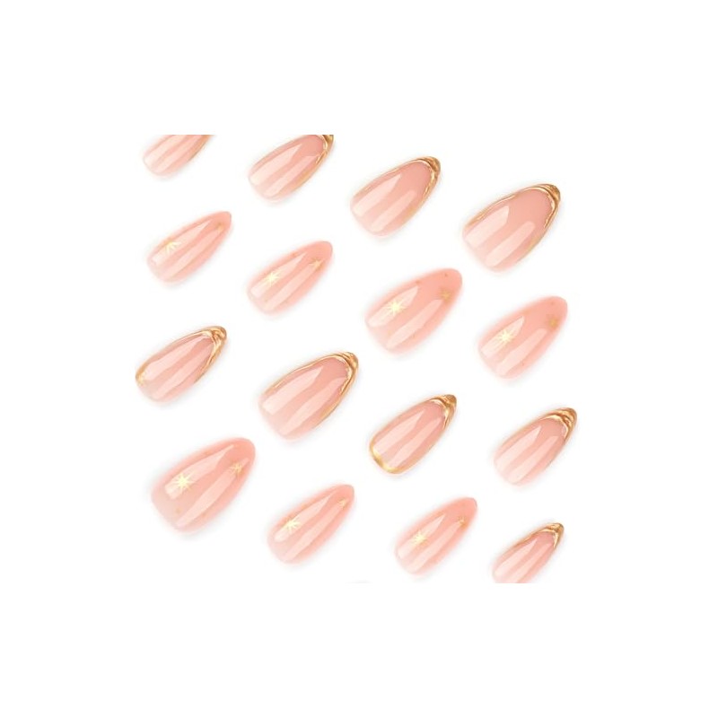 Uñas Postizas Francesas Doradas, Almendradas Medianas, Con Diseños 3D, Brillantes,