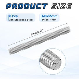 MECCANIXITY 8Pack M6x55mm Fully Threaded Rod, 316 Stainless Steel Right Hand All Thread Screw Studs for Furniture Assembly Fastening, 1mm Pitch