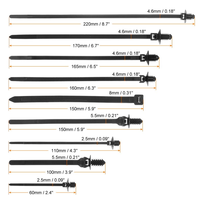 sourcing map 260Pcs Push Mount Cable Zip Tie 9 Size