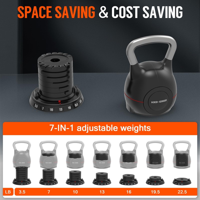 HXD-ERGO Adjustable Kettlebell Weight Set-Quickly Adjusts 7 Weights,Ergonomic kettlebell sets