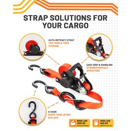 Strapinno Retractable Ratchet Straps - 1 in x 15 ft Heavy Duty Jetski Tie Down Strap, 2 pcs. with 3000lbs Breaking Strength, S Hooks with Safety Clip, for Jetskis, Seadoo, Waverunner, and PWCs