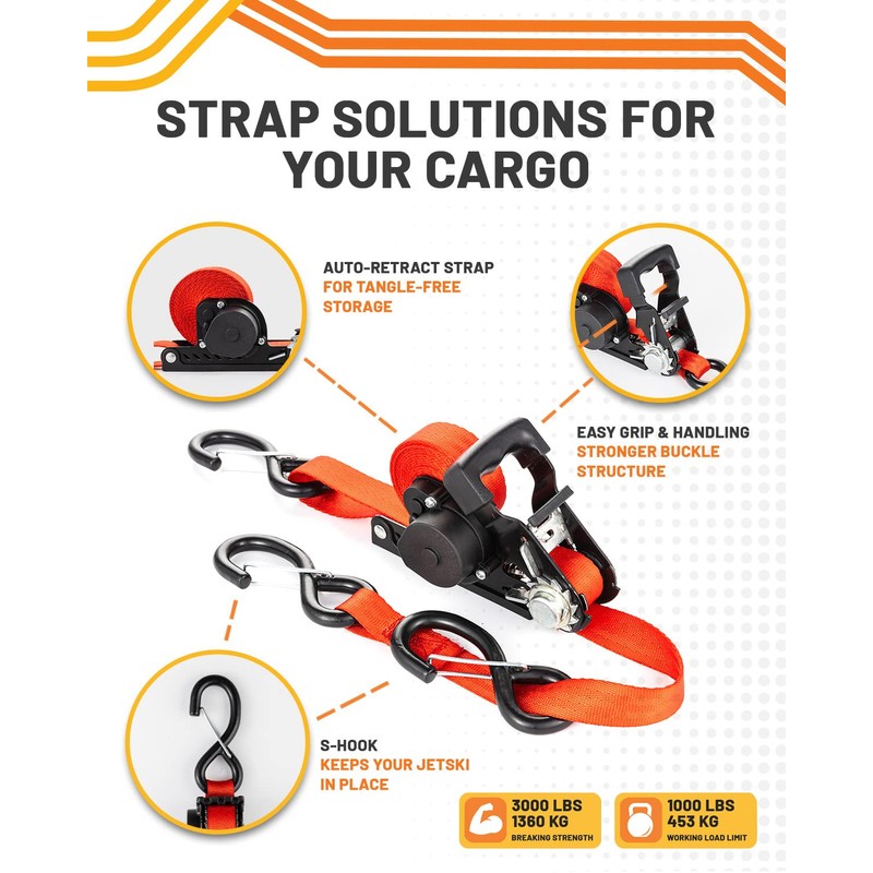 Strapinno Retractable Ratchet Straps - 1 in x 15 ft