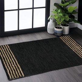 GRUHUM Jute Area Rug 3x5ft- Natural Fibre Black Rectangular Leather Handwoven Boho Farmhouse Soft Braided Rustic Vintage Indoor EcoFriendly Livingroom Bedroom Kitchen Hallways Enterways Doormat 3x5 ft