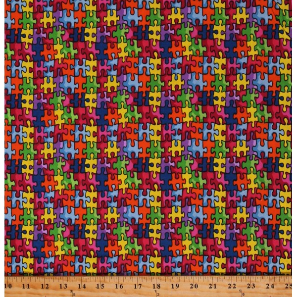 Cotton Blend Crisp Finish Autism Awareness Jigsaw Puzzle Fabric by