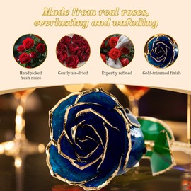 Mikasol Real 24K Gold Dipped Realistic Rose – Timeless Lifelike Bloom with Heart Puzzle Base – Romantic Blue Flower Gift for Her, Wife, Girlfriend, Mom – Birthday, Anniversary, Mother’s Day (Blue)