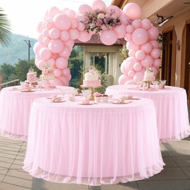 2 Pack Pink Tulle Round Valentine Table Cloth for 60 Inch Round Tables, Banquet Tablecloth Table Cover, Floor Length Tablecloths, Circle Tutu Tulle Table Cloths Table Skirt for Wedding Party