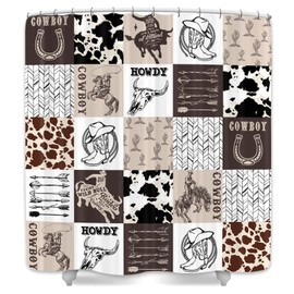 DYNH Geometric Grid Shower Curtain,Brown Plaid Bull Skull Horse Arrow Print Bathtub Curtain,Western Cowboy Vintage Wild Country Farmhouse Bathroom Decor with 12PCS Hooks,69X70 in