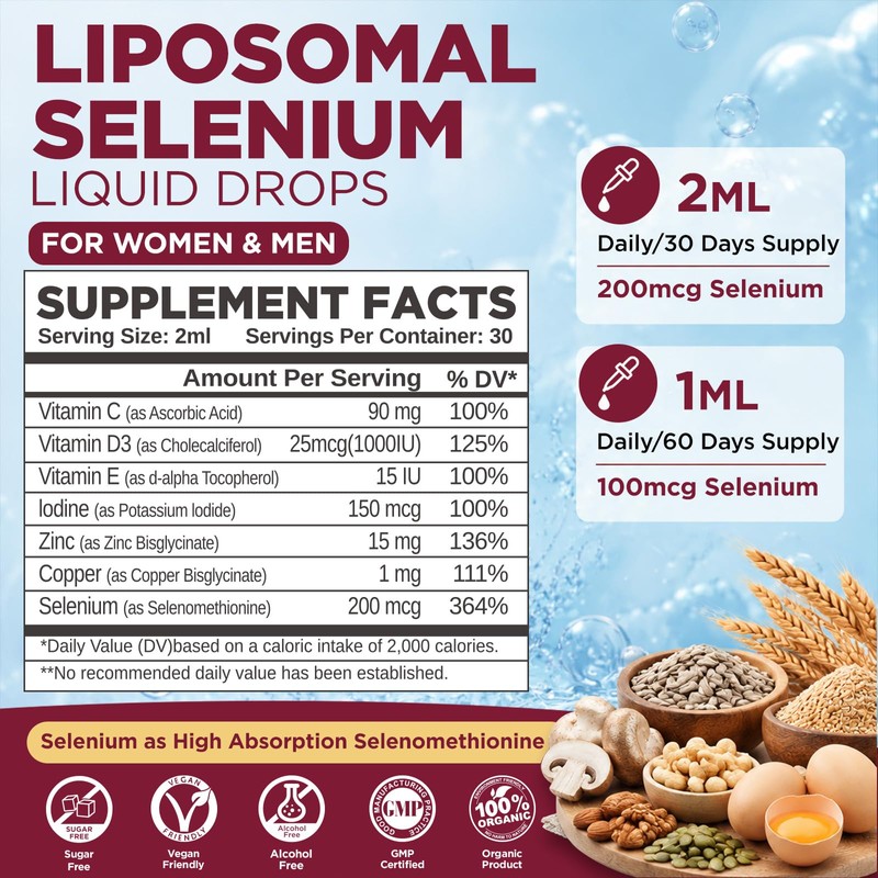 Liposomal Selenium 200mcg Liquid Drops, Selenium Supplement for Women &