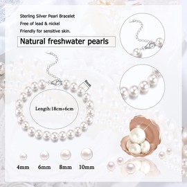 JeweBella 4 mm / 6 mm / 8 mm Pearl Bracelet Women&#39;s Silver 925 Bracelet Beads for Women Girls Length 18 + 6 cm Adjustable Classic White Pearls Bracelet with Box, Sterling Silver