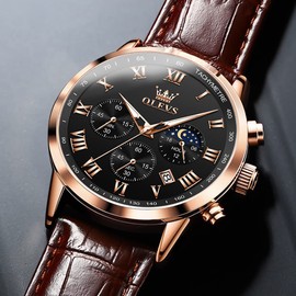 OLEVS Mens Watches Leather Chronograph Luxury Fashion Dress Analog Quartz Wrist Watch Black Luminous Waterproof Moon Phase Date