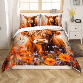 Homemissing Highland Cow Duvet Cover Set Double Size For Kids Boys Girls Teens Botanical Floral Printed Bedding Set Farmhouse Animal Comforter Cover with 2 Pillowcases Orange Daisy Bed Sets