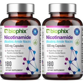 biophix B-3 Nicotinamide 500 mg 180 Caps 2 Pack - Nicotinic Amide Niacin Natural Flush-Free Vitamin Formula - Supports Skin Cell Health