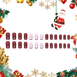 Square Christmas False Nails - 24PCS Short Press on Nails - Glitter Red Color with Christmas Hat Pattern False Nails with Glue - Christmas Style Glossy Full Cover Nail DIY Nail Art