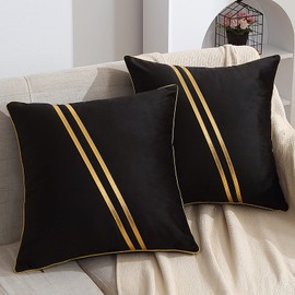 WACOMECO Set of 2 Gold Throw Pillow Covers - Soft Decorative Luxury Velvet Cushion Covers Pillow Cases with Gold Leather for Sofa Bedroom Livingroom Car, 20 x 20 in, Black