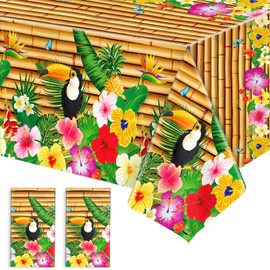 2 Pack Hawaiian Luau Tablecloth Party Decorations, 54 x 108 Inch Plastic Tiki Tropical Table Cloth, Disposable Hawaii Aloha Table Cover for Summer Beach Pool Themed Birthday Party Decor Supplies