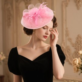 DRESHOW Mesh Women's Flower with Pearl Feather Fascinators Hat on a Headband and a Forked Clip Cocktail Tea Party Headpiece for Girls & Women Noble Kentucky Hat
