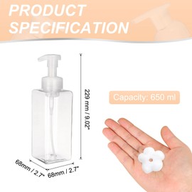 uxcell 2PCS Square Empty Foam Pump Bottle, 650ml Travel Foam Soap Dispenser Empty Refillable Plastic Pump Bottle for Lash Shampoo, Hand Soap, Facial Lotion(7.6", Clear)