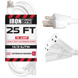 Iron Forge Cable 25ft White Outdoor Extension Cord with 3 Outlets - 14/3 SJTW 15 Amp 25ft Extension Cord 3 Prong - Multiple Outlets with Lighted End