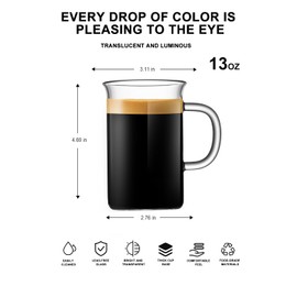 LUXU - Juego de 2 tazas de cristal (368 g, tazas de café de cristal, tazas de té, tazas de café transparente para capuchino, café latte, espresso, vasos de beber sin plomo, ideales para zumo, agua, cerveza, leche caliente y bebidas frías
