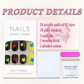 Press on Nails Short Square Fake Nails Full Cover Black White Y2K Press on Nails Green Red Yellow Star False Nails with Designs Glossy Glue on Nails Cute Acrylic Nails Artificial Nails for Women Girls