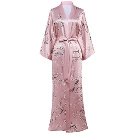 BABEYOND Long Floral Kimono Robe Satin Print Kimono Bathrobe Blouse Kimono Cover Up Loose Cardigan Top Outwear (M-Pink)