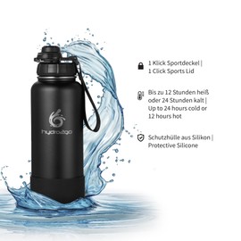 hydro2go® Stainless Steel Water Bottle with Sports Lid 1 Litre Thermos Flask BPA-Free Thermos Flask Leak-Proof Metal Sports Bottle for Sports, Outdoor (Black, 950 ml)