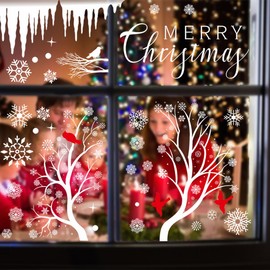 QRTDXP 6 Sheets White Christmas Window Stickers Reusuable Window Clings with Christmas Tree Snowflake Deer Supply for Christmas Party Decoration-red Bird