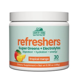 COUNTRY FARMS Refreshers, Super Greens and Electrolytes, Essential Minerals and Superfoods, Hydration Support, Promotes Natural Energy, with Fiber, Tropical Mango, 30 Servings