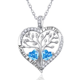 Tree of Life Necklace Sterling Silver Heart Pendant December Topaz Dual Birthstone Necklace for Mother Daughter I Love You Always Forever Jewelry Gifts for Her Mom Wife Anniversary Birthday Gifts
