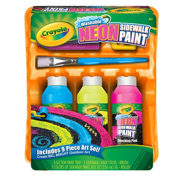 Crayola; Washable Neon Sidewalk Paint; Outdoor Art Tools; 3 Neon Paint Colors, Paint Brush, Roller and 3 Sidewalk Chalk Sticks