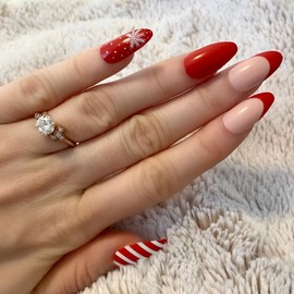 Christmas Press on Nails Medium Almond Fake Nails with French Design Red Glossy False Nails Full Cover Stick on Acrylic Winter Artificial Nails for Women Glue on 24 PCS